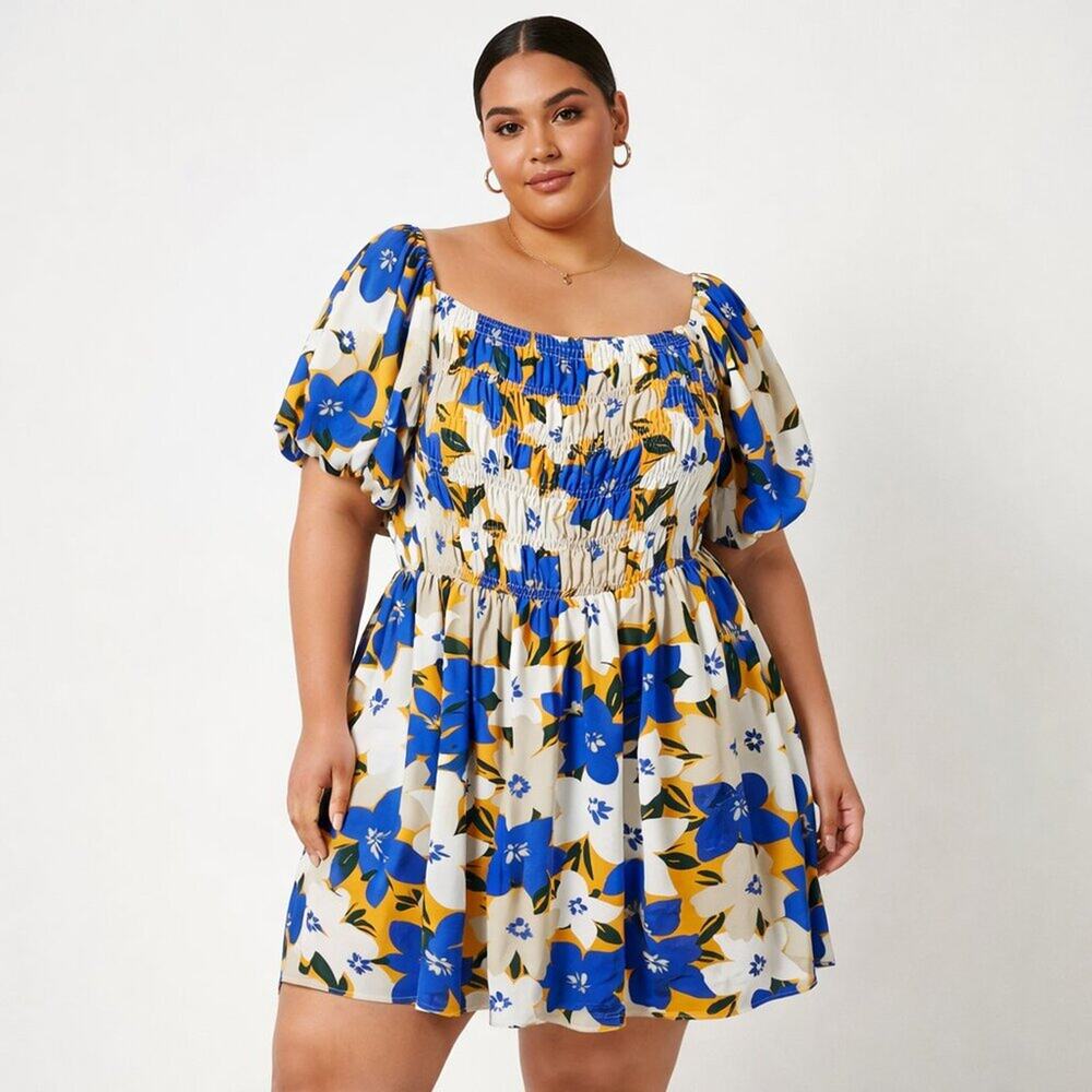 * A393 • Blue Floral Smocked Puff Sleeve Midi Dress